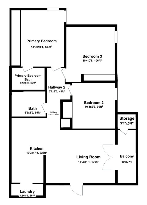 Floor plan for 3 beds, 2 baths, 1022 sqft
